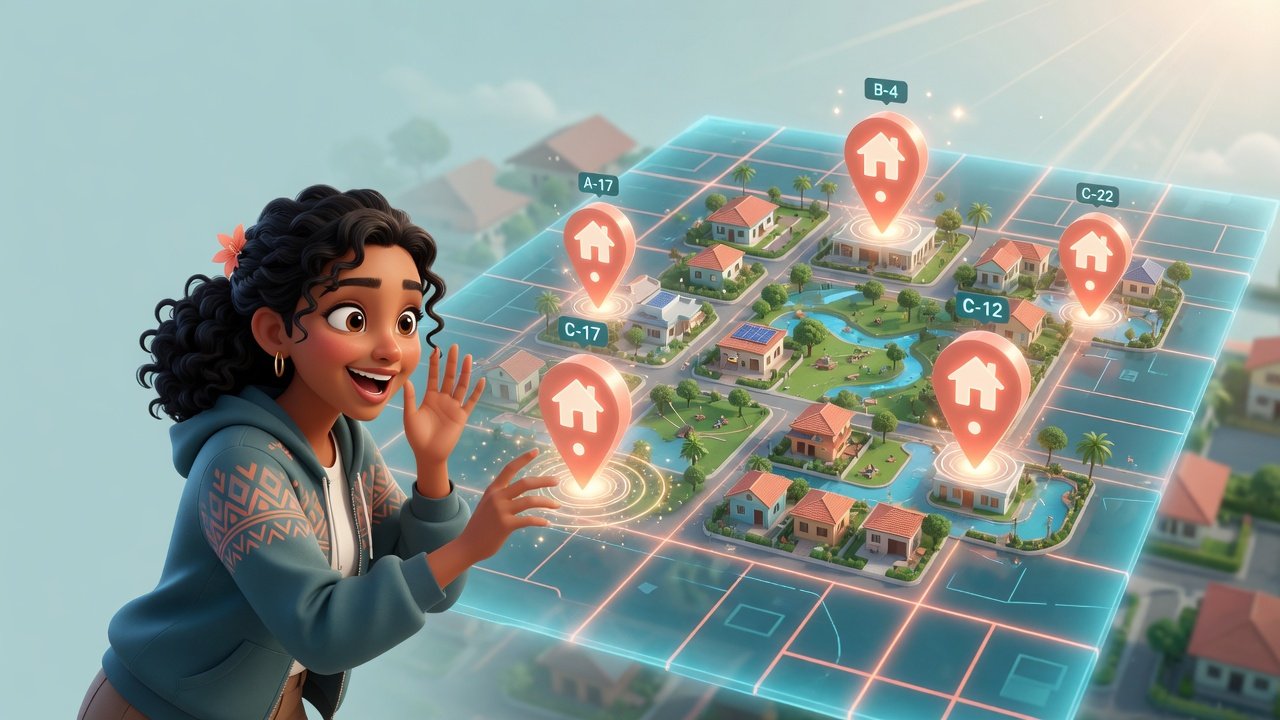 Person exploring homes on a glowing map with property pins