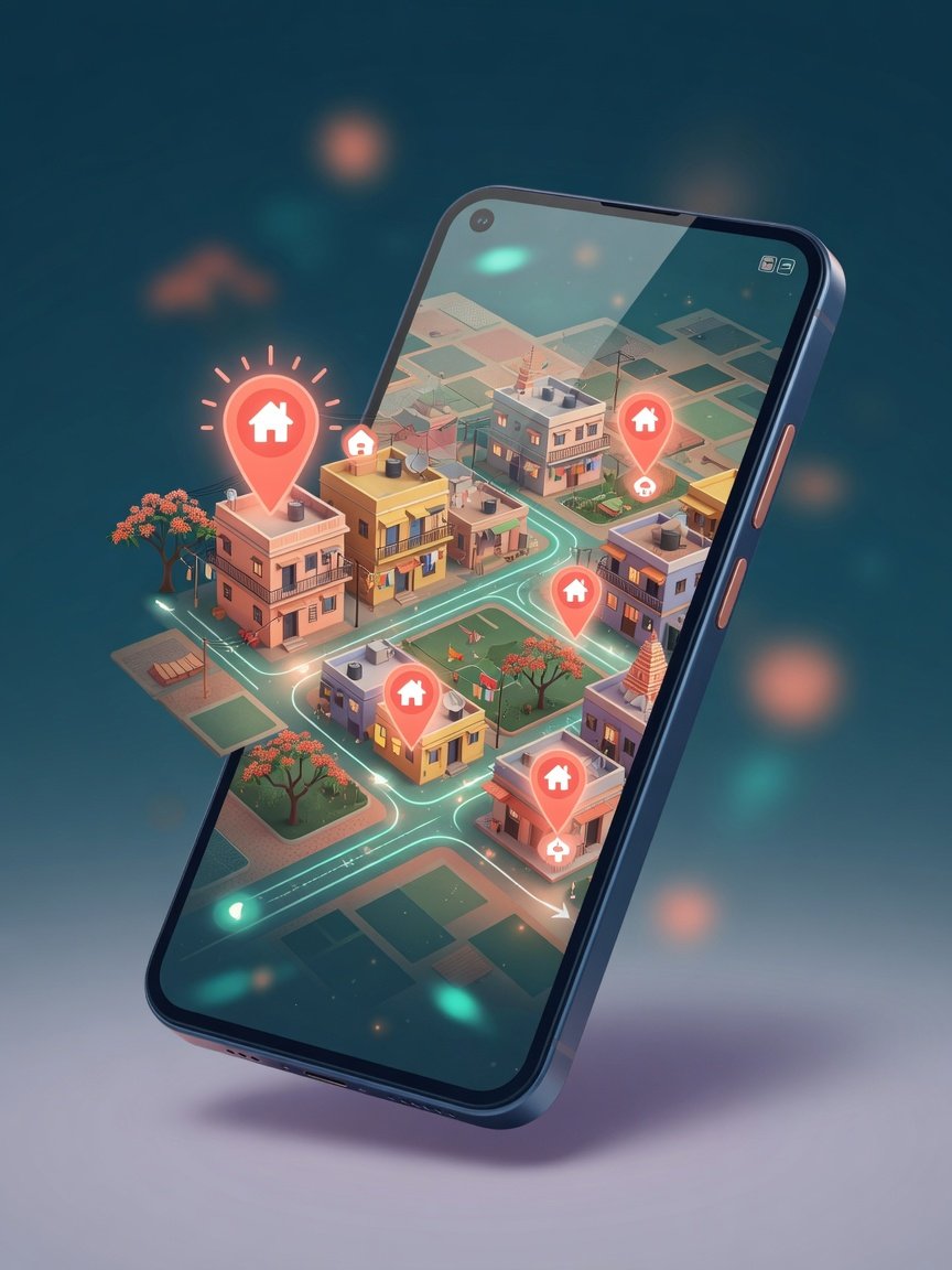 Direct Dekho mobile app showing map-based property pins on a smartphone