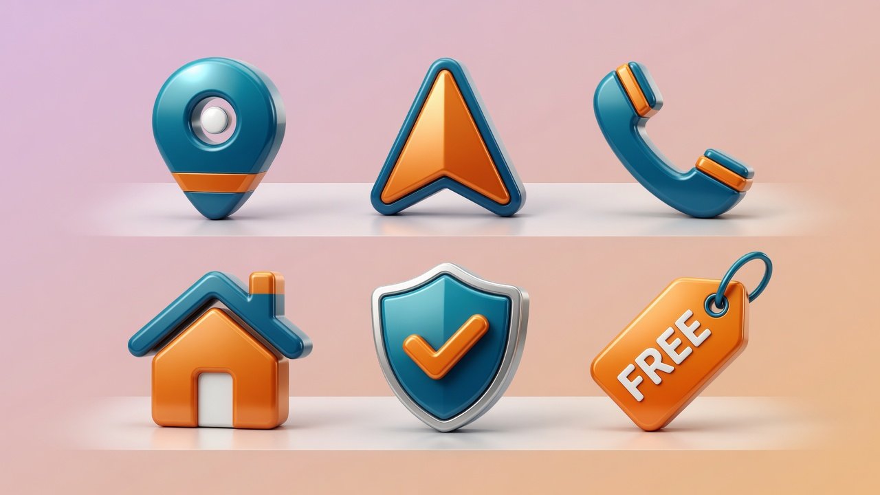 Direct Dekho 3D icons for map, navigation, call, home, trust and free access
